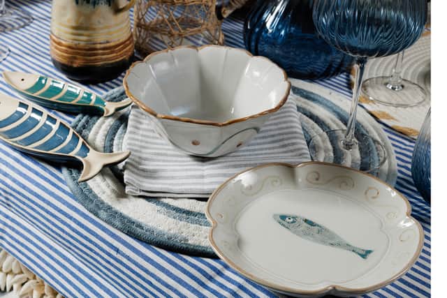 1. Gisela Graham Trinket Dish – Blue Stripe Sardine, Small, £6.49, Large £10.99; Fluted Plate – Fish, £13.99, rest of items from a selection, Gisela Graham