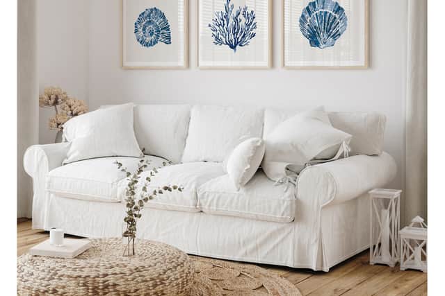 5. Set of Three Indigo Coral and Shell Art Prints – Unframed, from £96; Framed – from £177 (3 x 30cm x 30cm), Beach House Art