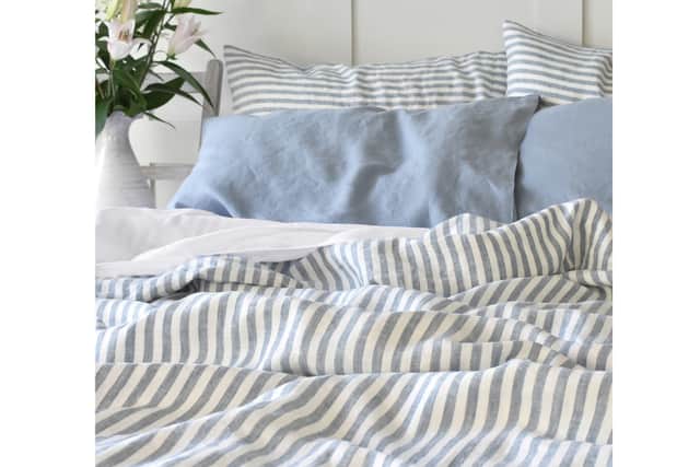 9. Stone Blue Ticking Linen Duvet Cover Set, from £210, (Double), Chalk Pink Linen Co