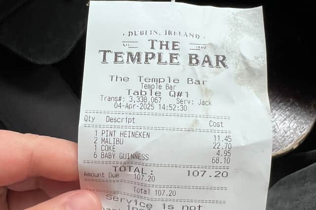 On the receipt, followers can see a total cost of €68.10 for six Baby Guinness and €11.45 for a pint of Heineken.