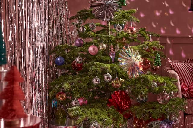 10. George Silver Disco Ball Christmas Decoration, £10, Pink Christmas Disco Ball – 21cm, £10, Silver Disco Ball Christmas Baubles – Set of 12, £5 (on tree), rest of items from a selection, Direct.asda