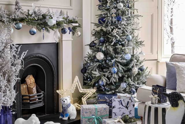2. Snowy Asgard Artificial Christmas Tree, 7ft, from £269, Assorted Snow & Sparkles Baubles, from £2.99, rest of items from a selection, Dobbies Garden Centres