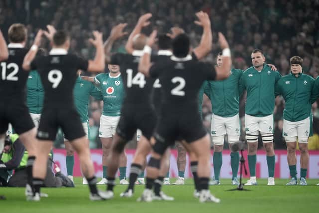 Cast in the role of pantomime villain following his well-publicised spat with former Ireland skipper Johnny Sexton in Paris, Kiwi centre Rieko Ioane received some jeers as he led the Haka, which the home team stared down from a distance before eventually striding forward to meet.
