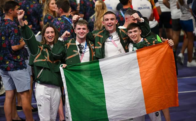 Team Ireland athletes (L-R) Ciara McGing, Dean Clancy, Jack Marley and Jude Gallagher during the Paris Olympics closing ceremony|PICTURE: David Fitzgerald/Sportsfile