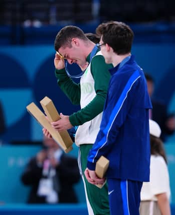 Team Ireland flagbearers Mona McSharry and Fintan McCarthy during the closing ceremony of the 2024 Paris Summer Olympics |PICTURE: David Fitzgerald/Sportsfile