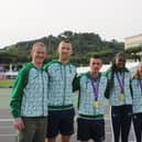 David McCarthy (Left) pictured with the winning Irish mixed 4X400m relay team (Jack Raftery, Chris O'Donnell, Rhasidat Adeleke, Sharlene Mawdsley, Thomas Barr and Sophie Becker.