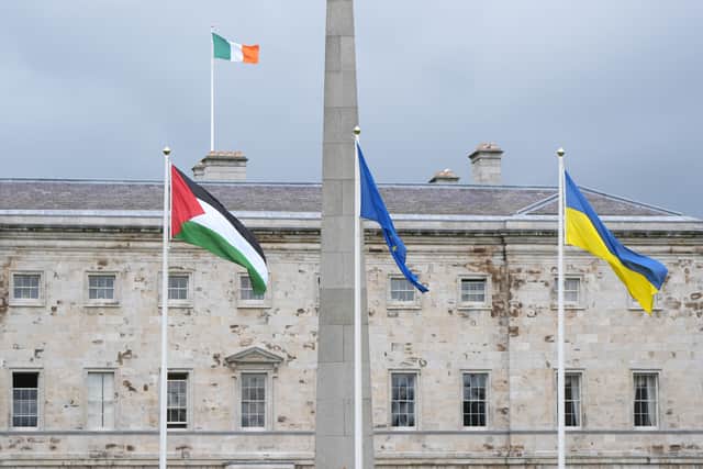 The EU and Ukraine flags continue to be raised.
