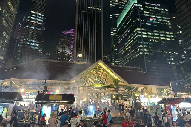 For satay – a staple of the cuisine and my childhood – there’s nowhere better than sitting among the rows of tables on the street outside the historic Lau Pa Sat market, known as Satay Street. Plumes of smoke billow from the open flames under sticks of chicken, beef, and goat, by a row of sellers. We demolish 50 satays, at 80 cents (50p) a stick, with peanut sauce and a S$25 (£15) jug of Tiger beer.