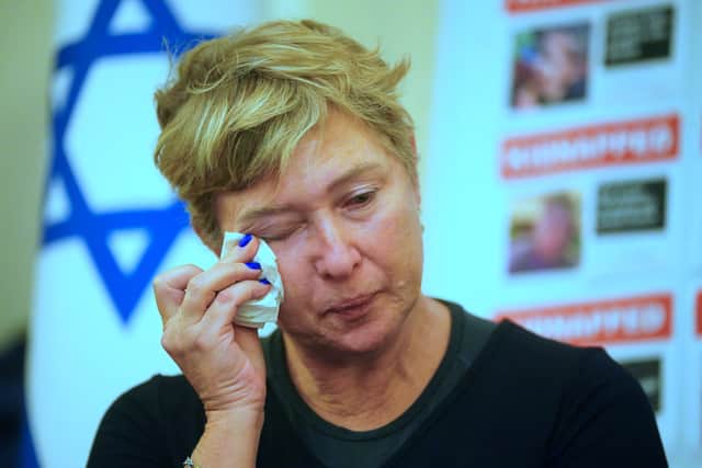 Iris Haim, another speaker at the press conference, said her son, Yotam, had been kidnapped from Kfar Aza on October 7 as he prepared to play at a festival in Tel Aviv.