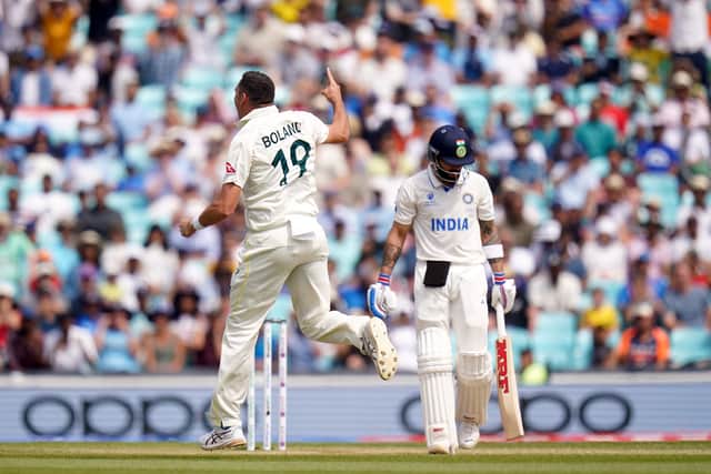 Immediately after beating the outside by a whisker he tossed one wider and drew a lavish drive from Kohli, who sprayed a rapid chance between second and third slip. Steve Smith did the rest, throwing himself into action to take a brilliant catch.