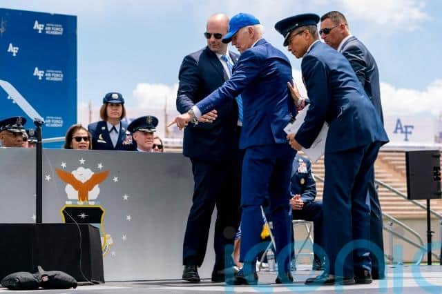 “He’s fine,” tweeted Ben LaBolt, the White House communications director. “There was a sandbag on stage while he was shaking hands.”