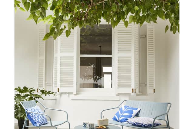 10. John Lewis ANYDAY Mase Indoor/Outdoor Rug, Blue, L180 x W120cm, £100; Palm Grove Indoor/Outdoor Cushions, Cobalt, £12 each; John Lewis ANYDAY 2-Seater Metal Garden Sofa, Light Blue, £129; John Lewis ANYDAY Metal Garden Lounge Chair, Light Blue, £79, John Lewis