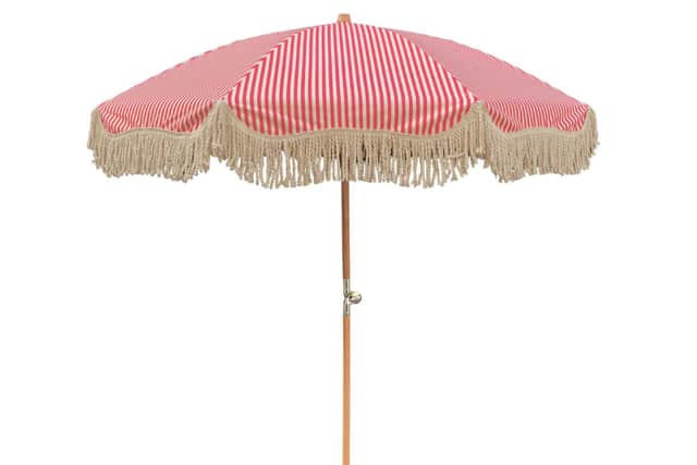8. French Pink/Antique White Stripe Large Tassel Fringed Beach And Garden Parasol, currently £220 from £235, Staycation! Vintage Style Parasols