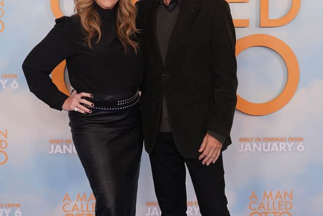 Hanks was joined by his wife, actress and producer Rita Wilson, and his son Truman Hanks at a photo call for the film at the Corinthia Hotel in London on Friday.