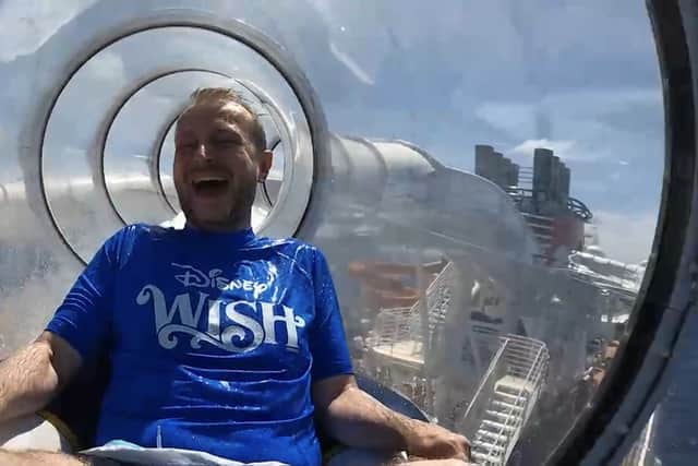 It’s giddy fun (you will be deliciously soaked) as two-person inflatable rafts are propelled through 760 feet of enclosed winding tubes.