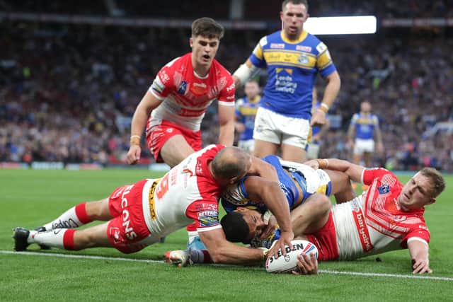 Centre Liam Sutcliffe was thrown back from the line but there was no stopping Leeming just before the break when he took Smith’s pass and twisted out of the tackle from James Roby and Lees to score his side’s first try.