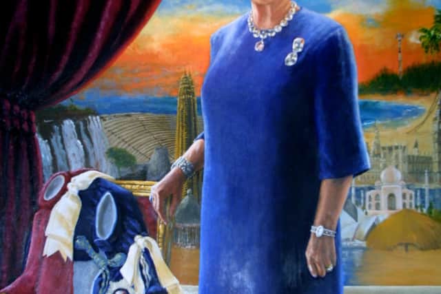 To mark the Queen’s Golden Jubilee in 2002, Nigerian-born artist Chinwe Chukwuogo-Roy captured the Queen wearing a blue dress with an array of jewellery, including a diamond broach, necklace and tiara.