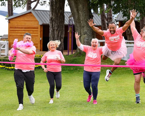 Pictured are James Patrice & Fron, RTE Presenter & Great Pink Run Ambassadors, Aisling Hurley, CEO  Breast Cancer Ireland Kamal Ibrahim, Presenter and Great Pink Run Ambassador Shane Byrne, Breast Can
