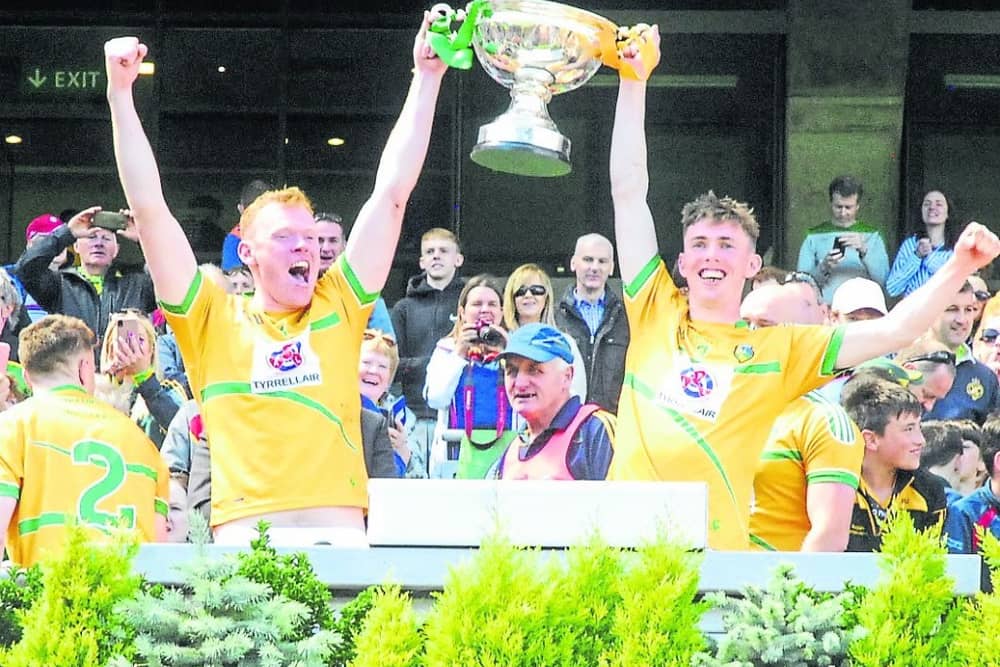 Brothers Enda and Colm Moreton show their delight as they lift the Lory Meagher Cup last Saturday in Croke Park