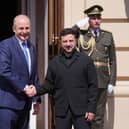 Ukrainian President Volodymyr Zelensky greets Taoiseach Micheal Martin