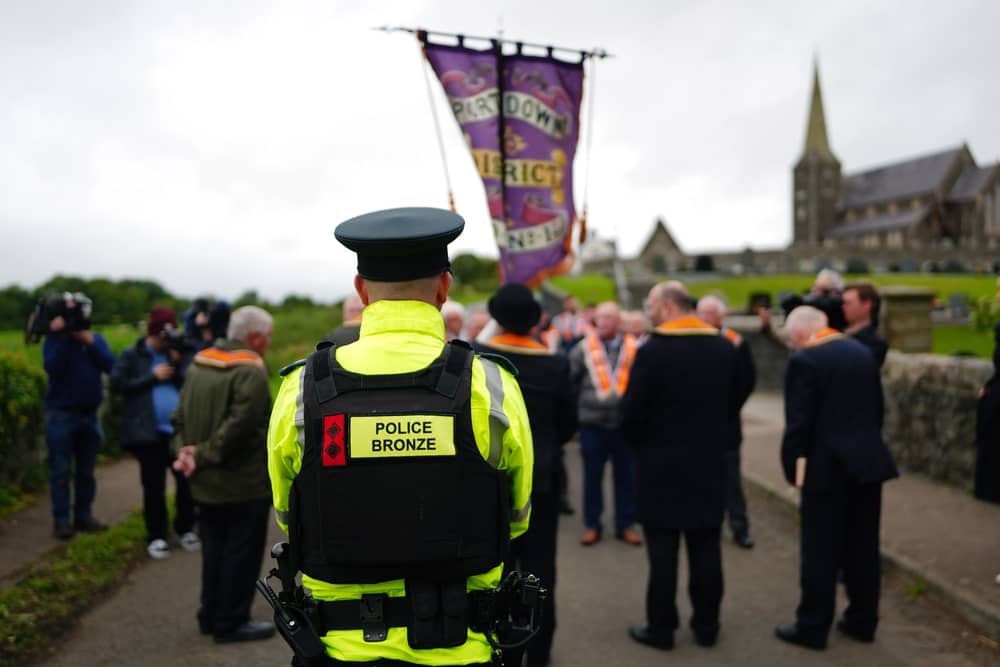 Orangemen at a police barricade close to Drumcree Church formed to prevent them entering the Garvaghy Road