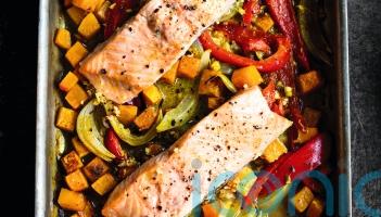 Clare Mosley’s spicy salmon and butternut squash traybake