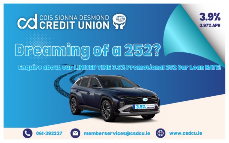 'Drive into the future with confidence' - Car loans at just 3.9% at Cois Sionna Desmond Credit Union
