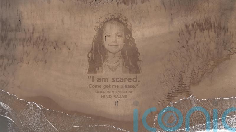 Giant sand portrait of girl in Voice Of Hind Rajab created on Yorkshire beach